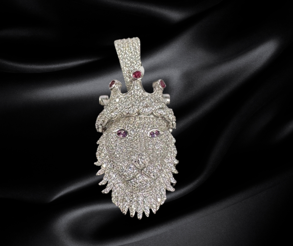 Sterling Silver Lion Head Charm with 2.36 CWT Moissanite