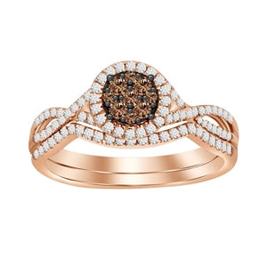 LADIES BRIDAL RING SET 1/3 CT WHITE/CHOCOLATE ROUND DIAMOND 10K ROSE GOLD
