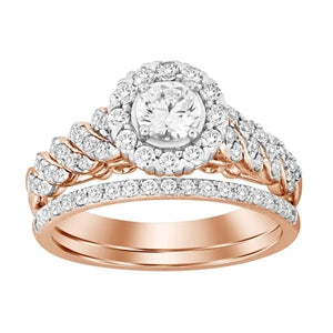 LADIES BRIDAL RING SET 1 CT ROUND DIAMOND 14K ROSE GOLD