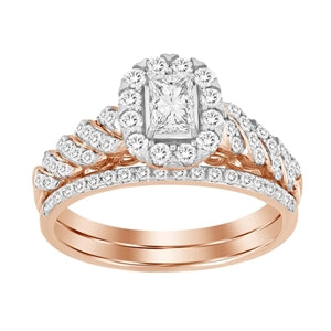 LADIES BRIDAL RING SET 1 CT ROUND/EMERALDA DIAMOND 14K ROSE GOLD