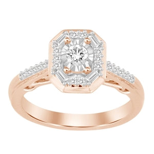 LADIES ENGAGEMENT RING 1/4 CT ROUND/BAGUETTE DIAMOND 10K ROSE GOLD