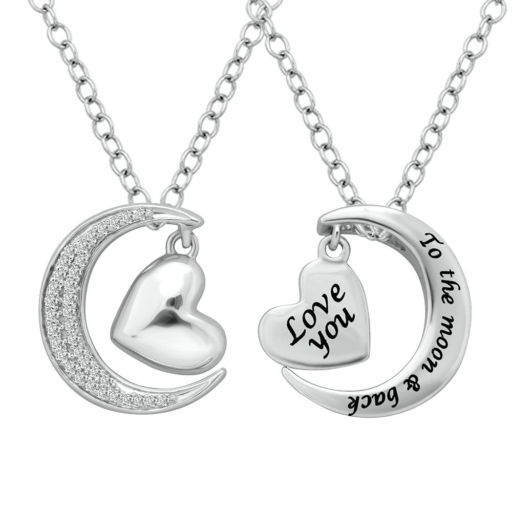 Sterling Silver 1/8 Ctw Diamond Heart  & Moon Pendant