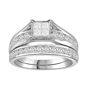 LADIES BRIDAL RING SET 1 1/2 CT ROUND/PRINCESS DIAMOND 14K WHITE GOLD