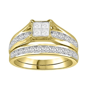 LADIES BRIDAL RING SET 1 1/2 CT ROUND/PRINCESS DIAMOND 14K YELLOW GOLD