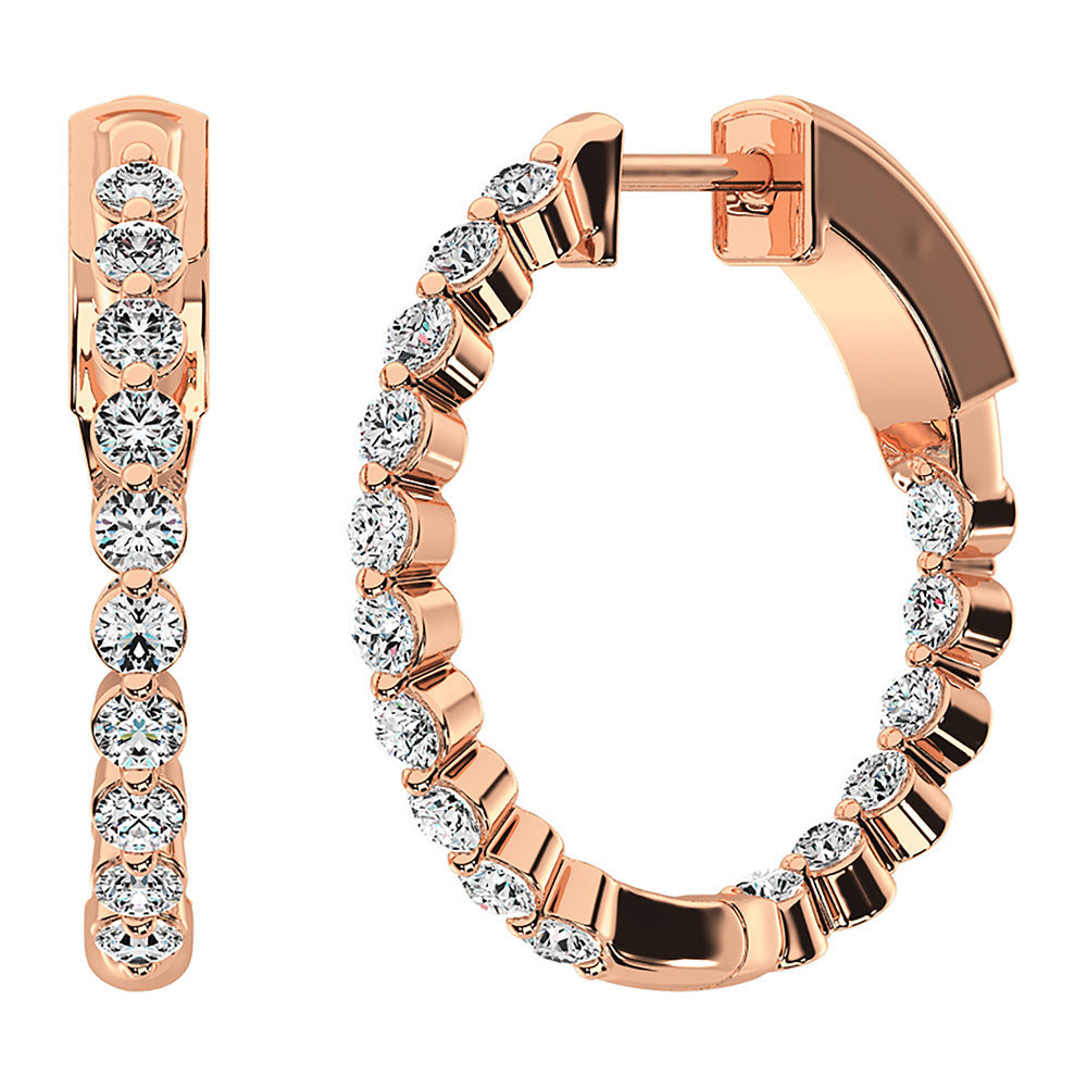 14K Rose Gold 1 Ct.Tw. Diamond Round Set Hoop Earrings