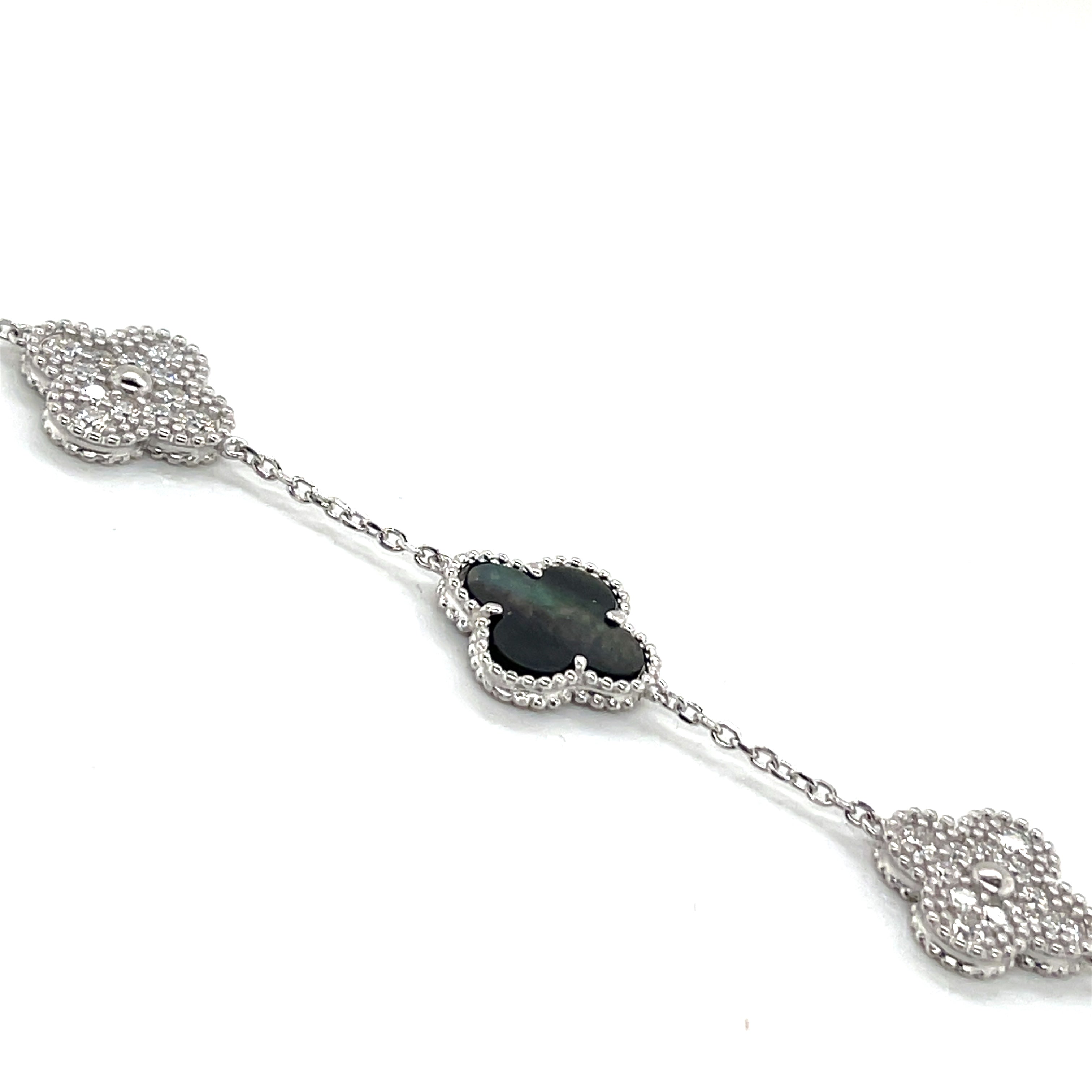 Silver Black Mother of Pearl and Moissanite Clover Bracelet