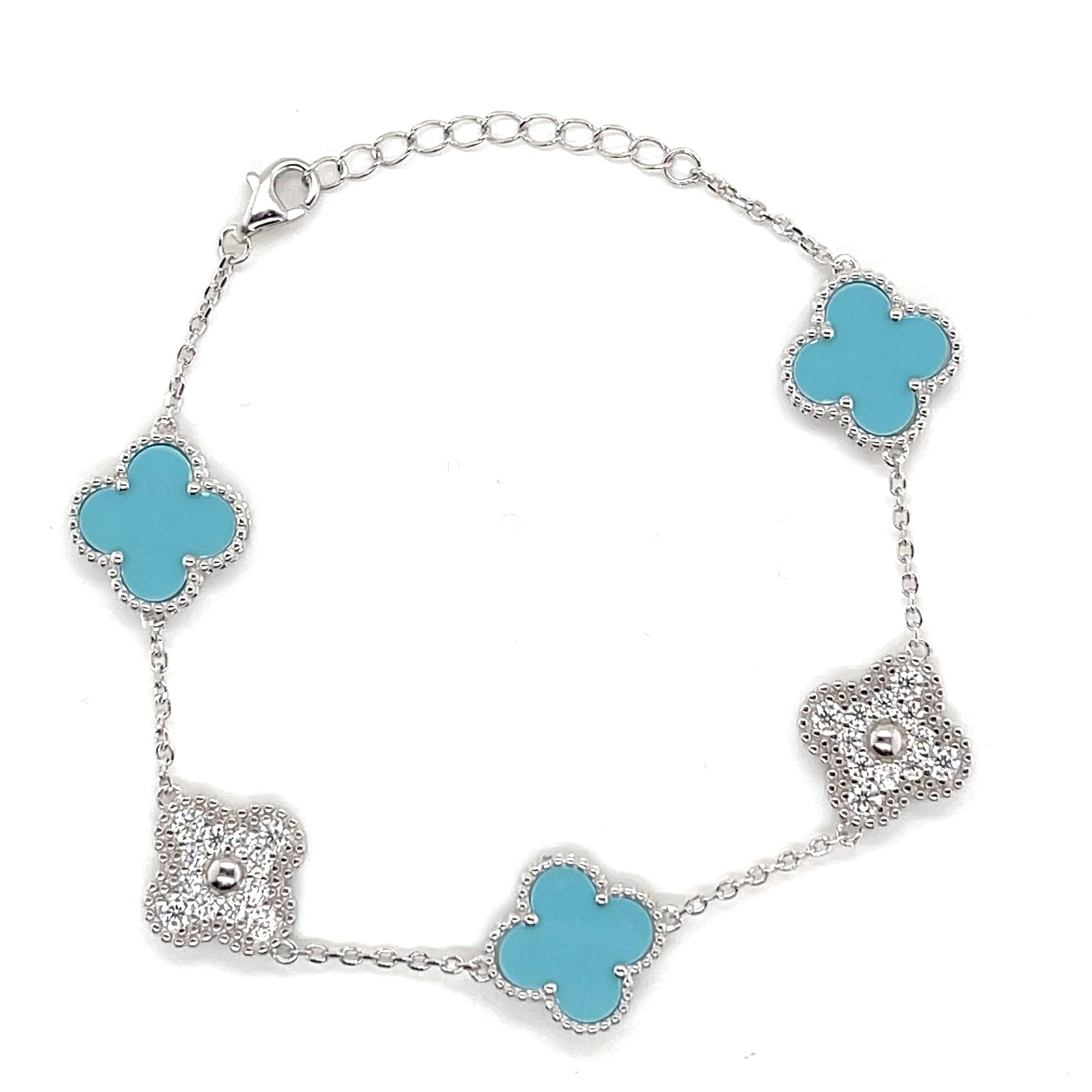 Silver Baby Blue and Moissanite Clover Bracelet