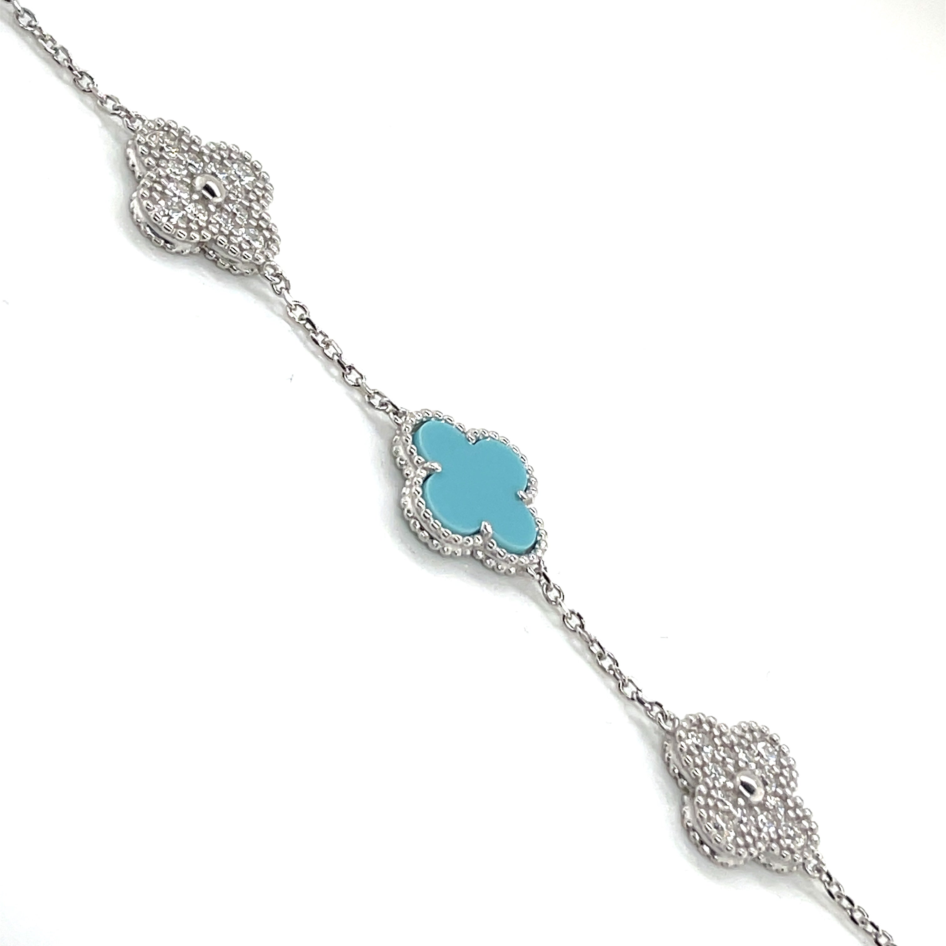 Silver Baby Blue and Moissanite Clover Bracelet