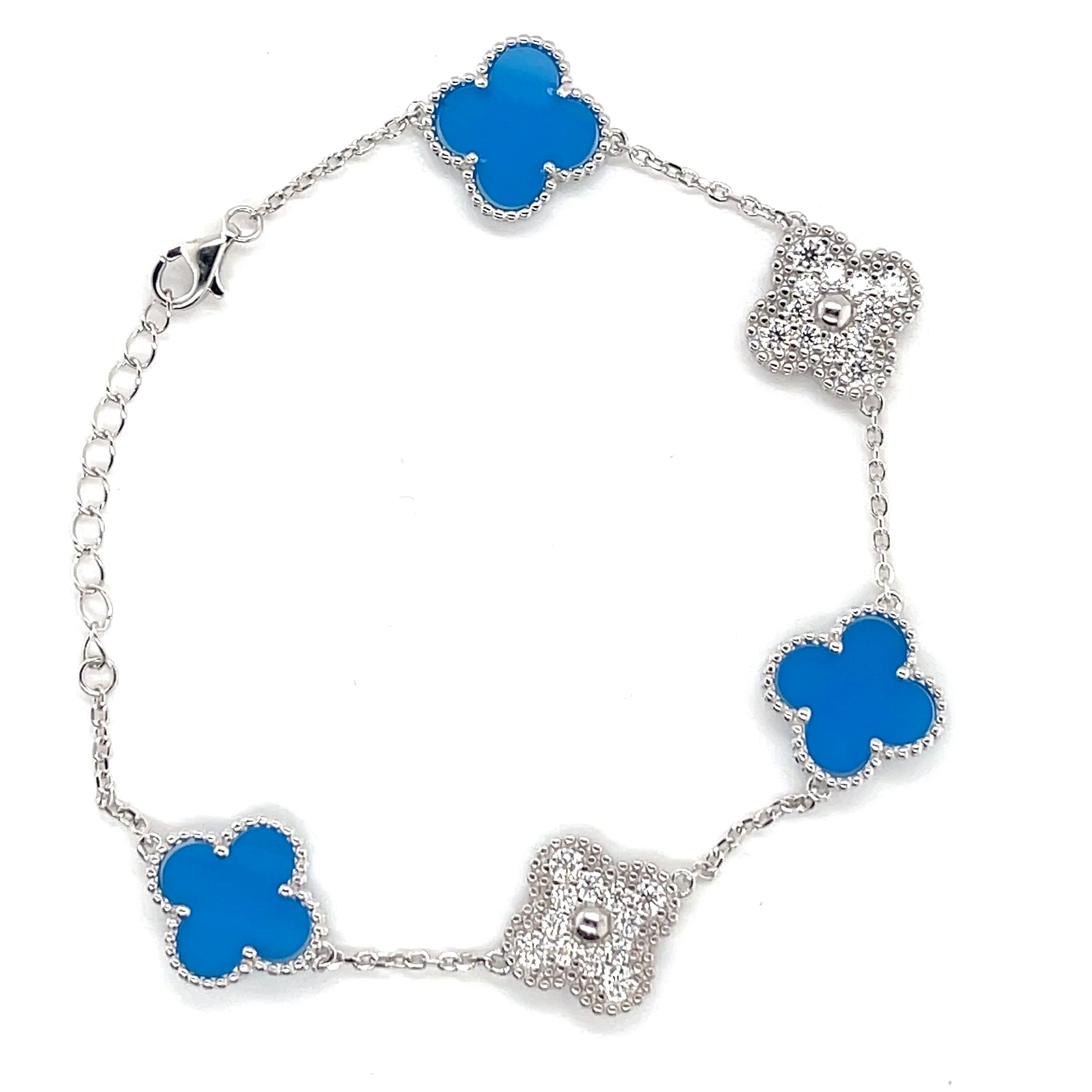 Silver Royal Blue and Moissanite Clover Bracelet