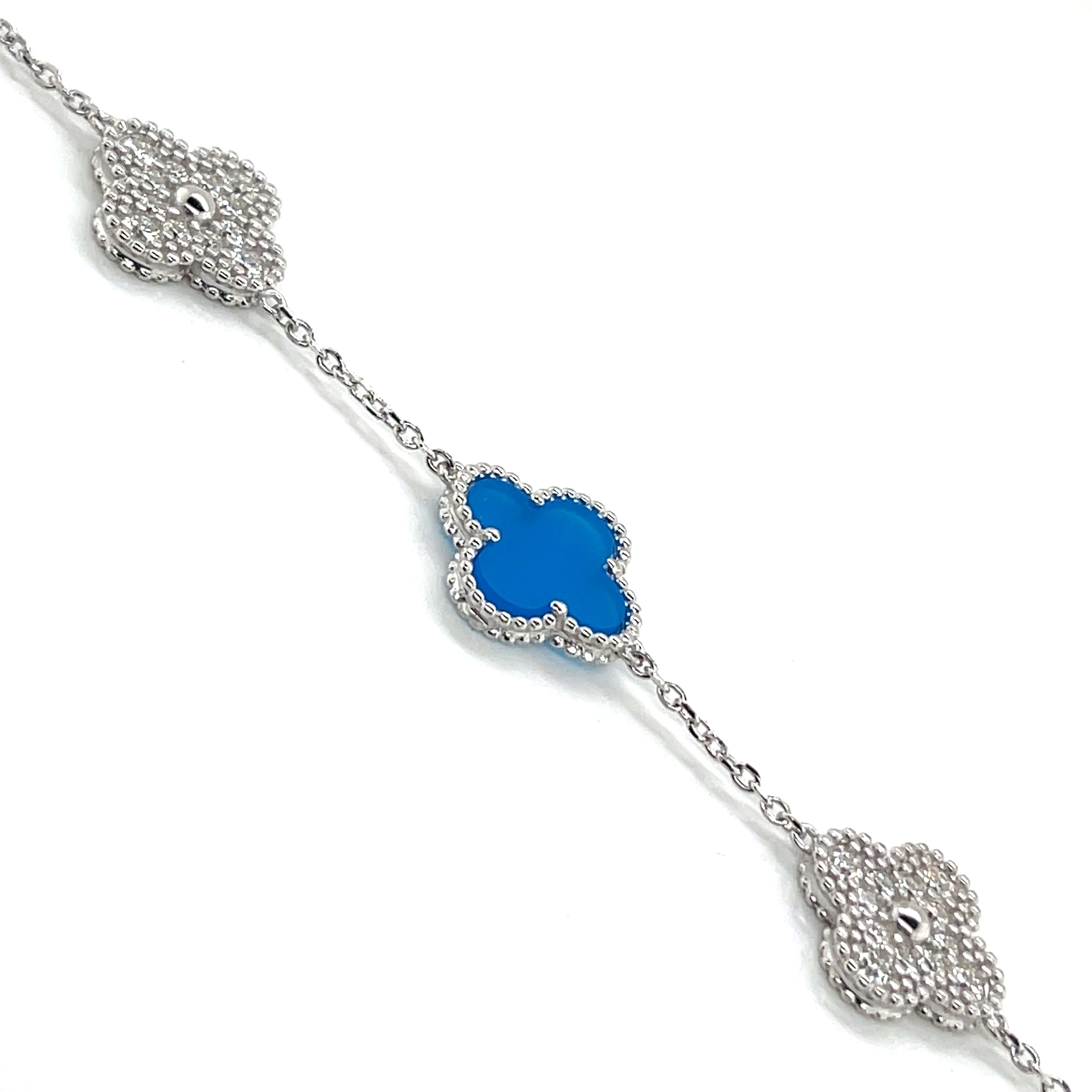 Silver Royal Blue and Moissanite Clover Bracelet