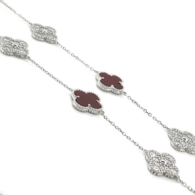 Silver Red and Moissanite Clover Necklace