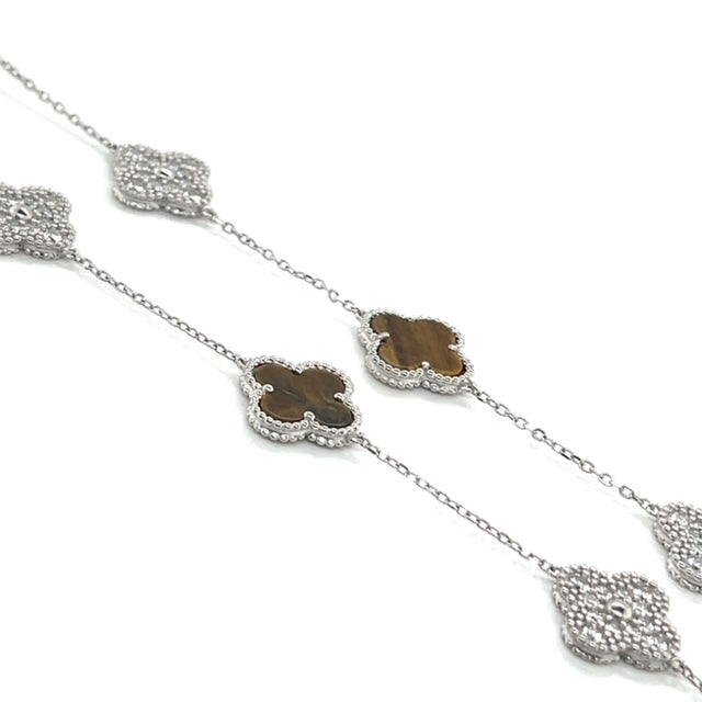 Silver Tigers Eye and Moissanite Clover Necklace