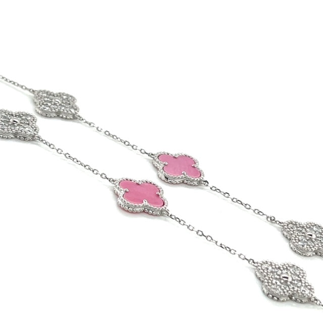 Silver Pink and Moissanite Clover Necklace