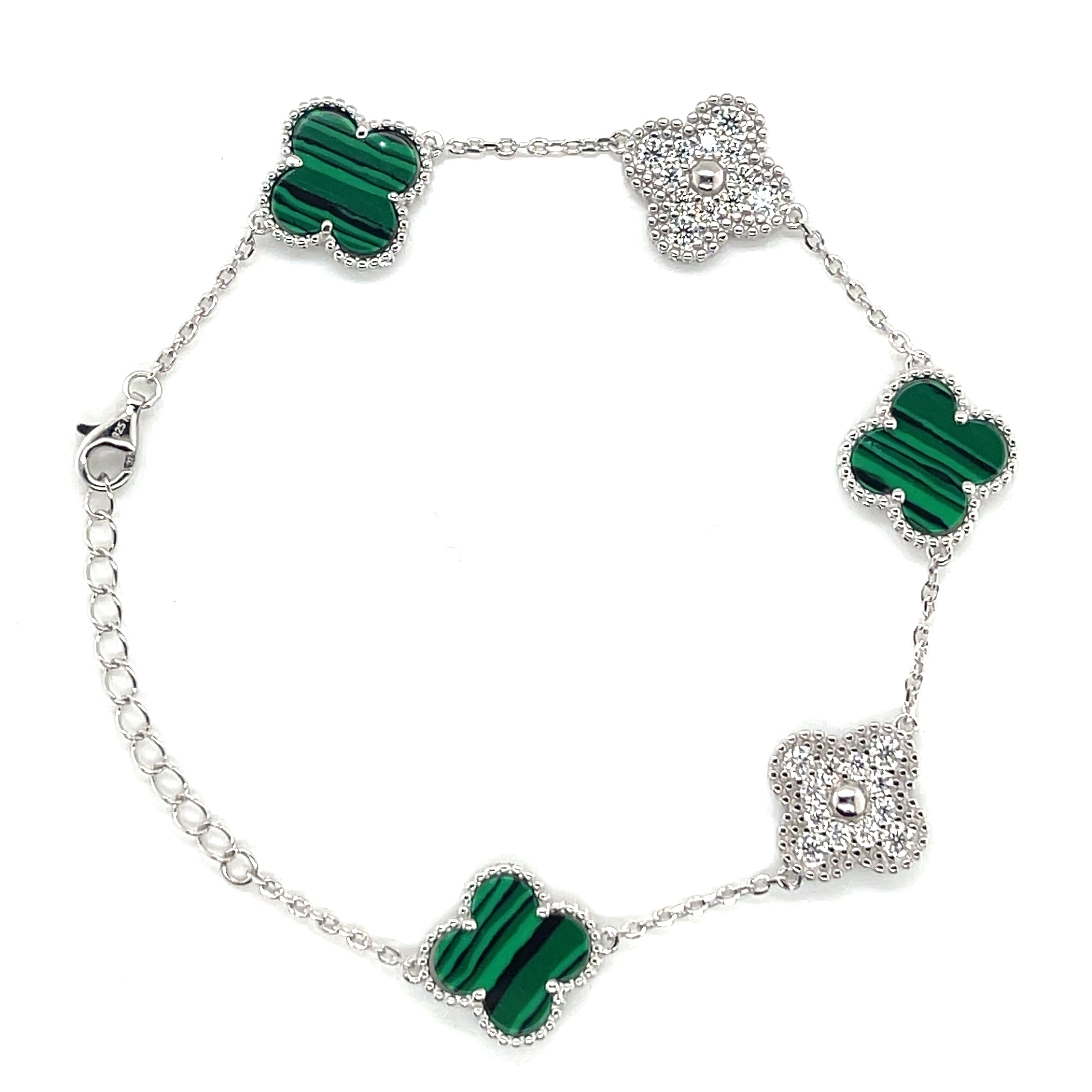 Silver Royal Green and Moissanite Clover Bracelet