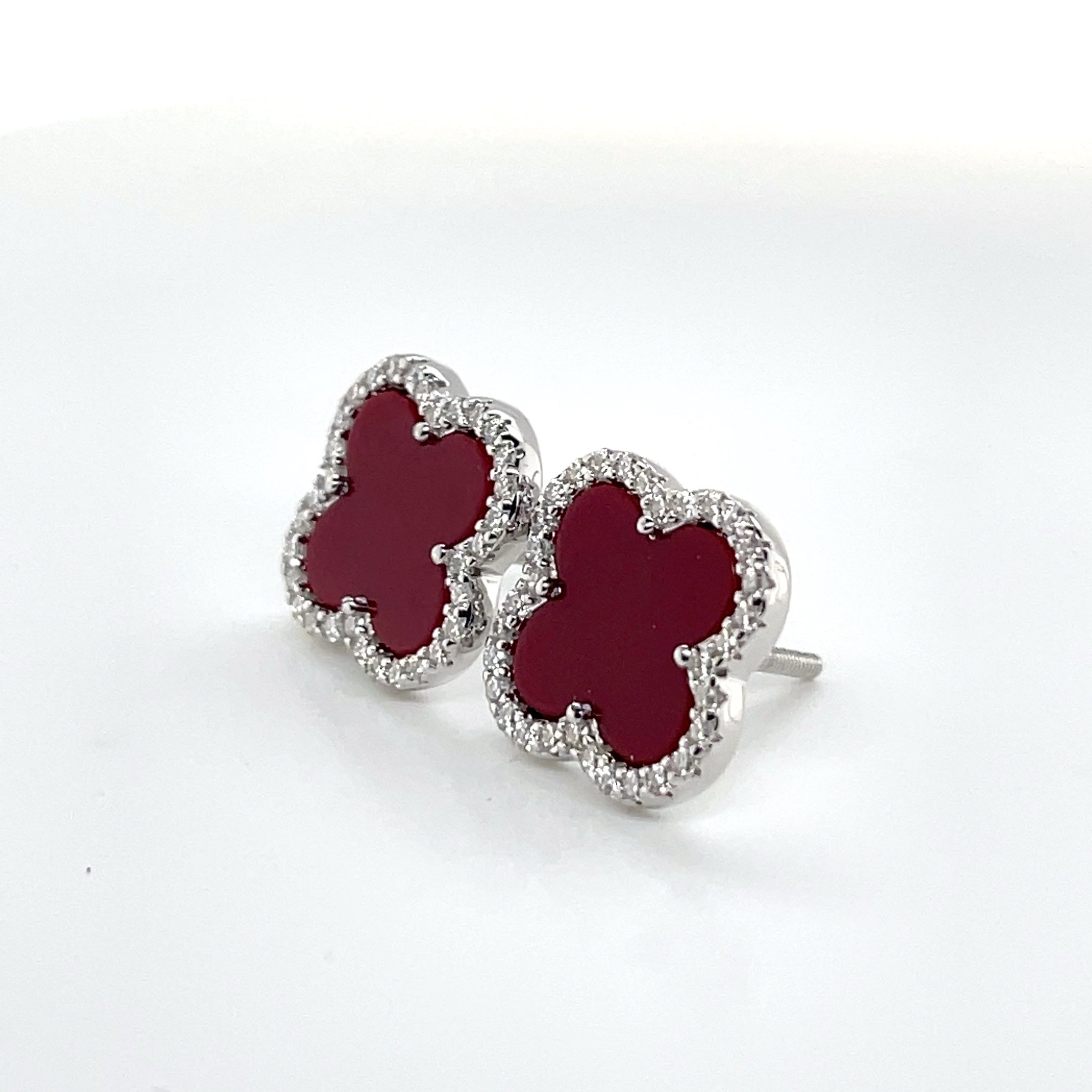 Silver Red and Moissanite Clover Earrings