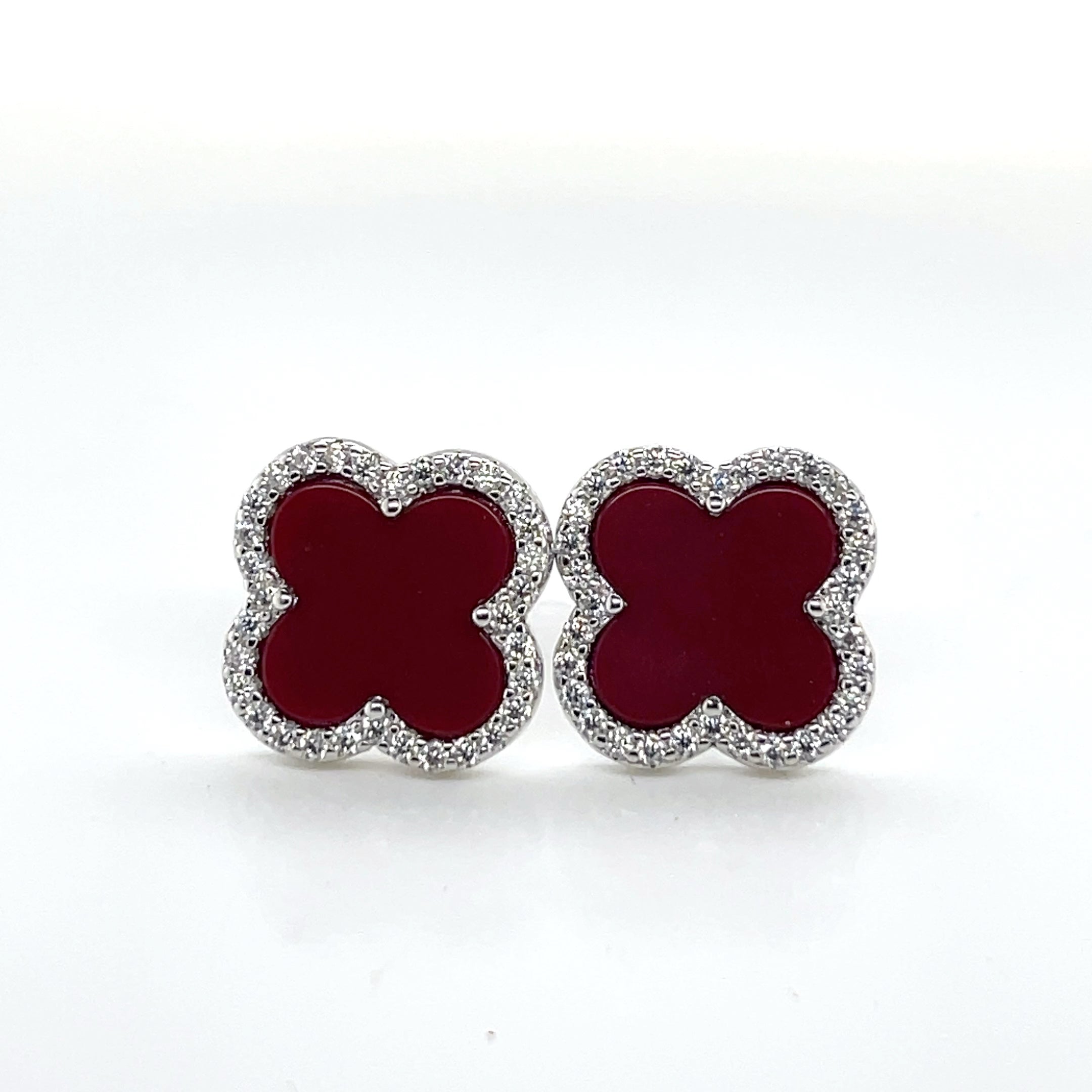 Silver Red and Moissanite Clover Earrings