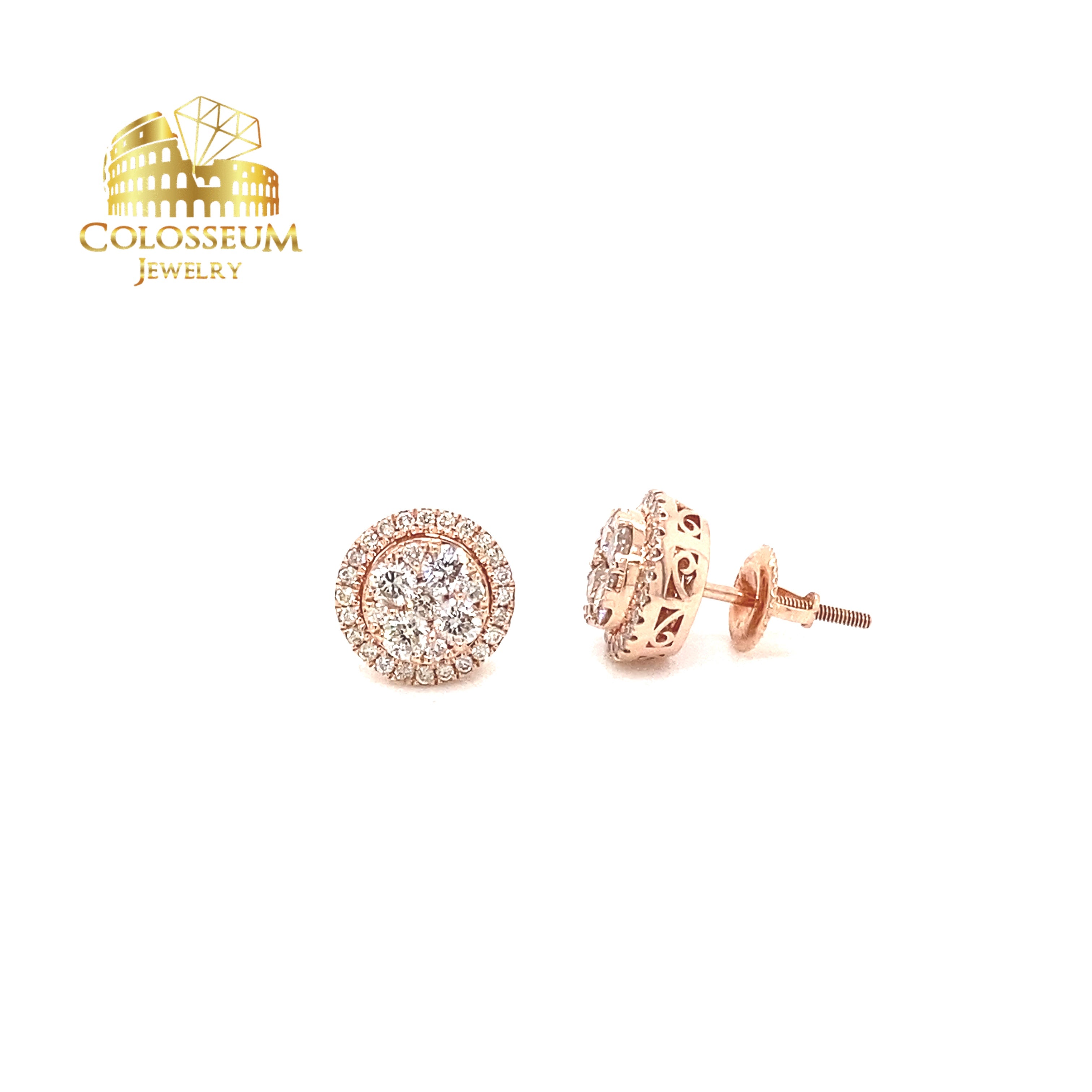 14K Rose Gold Round Halo Cluster Diamond Earrings - 1.03ctw