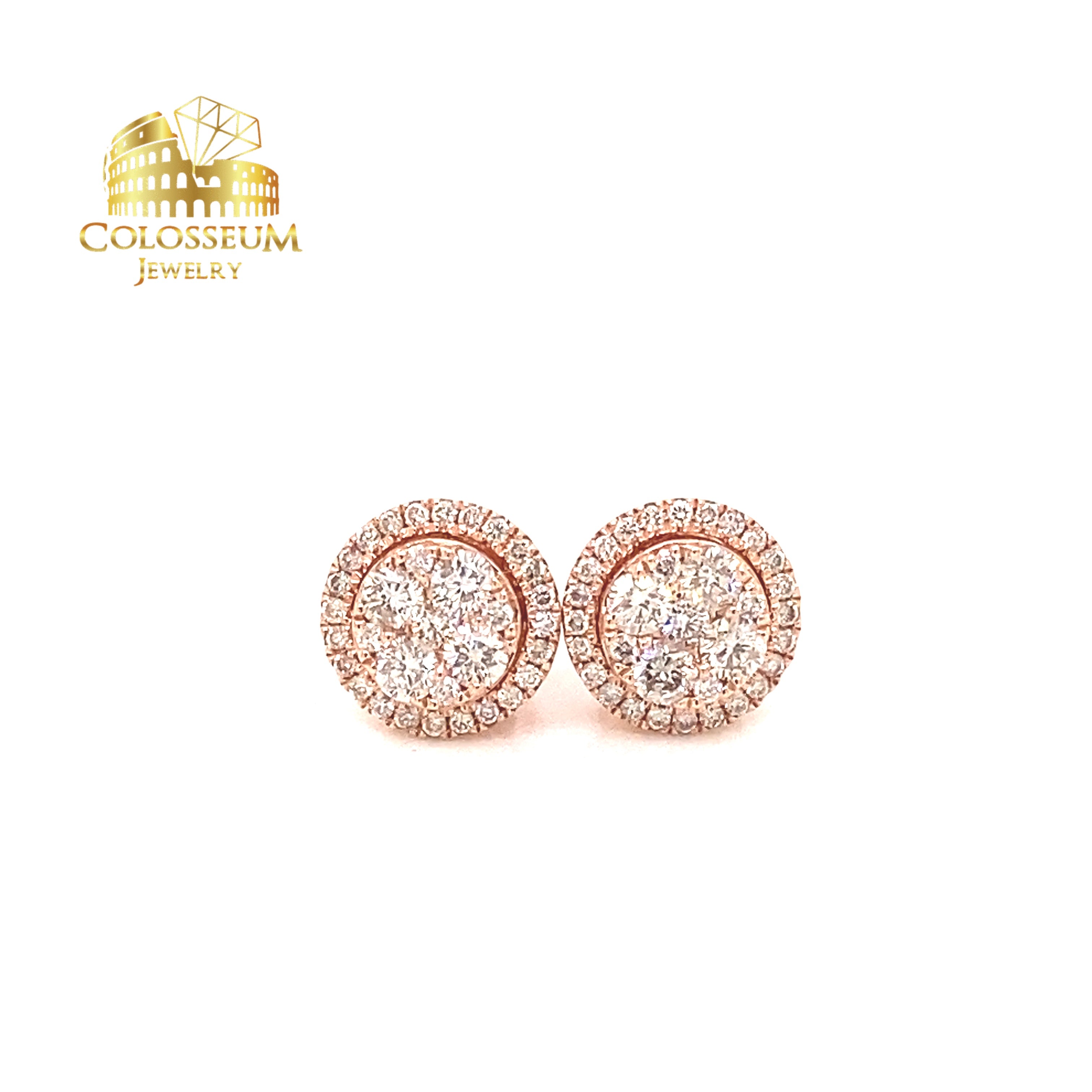 14K Rose Gold Round Halo Cluster Diamond Earrings - 1.03ctw