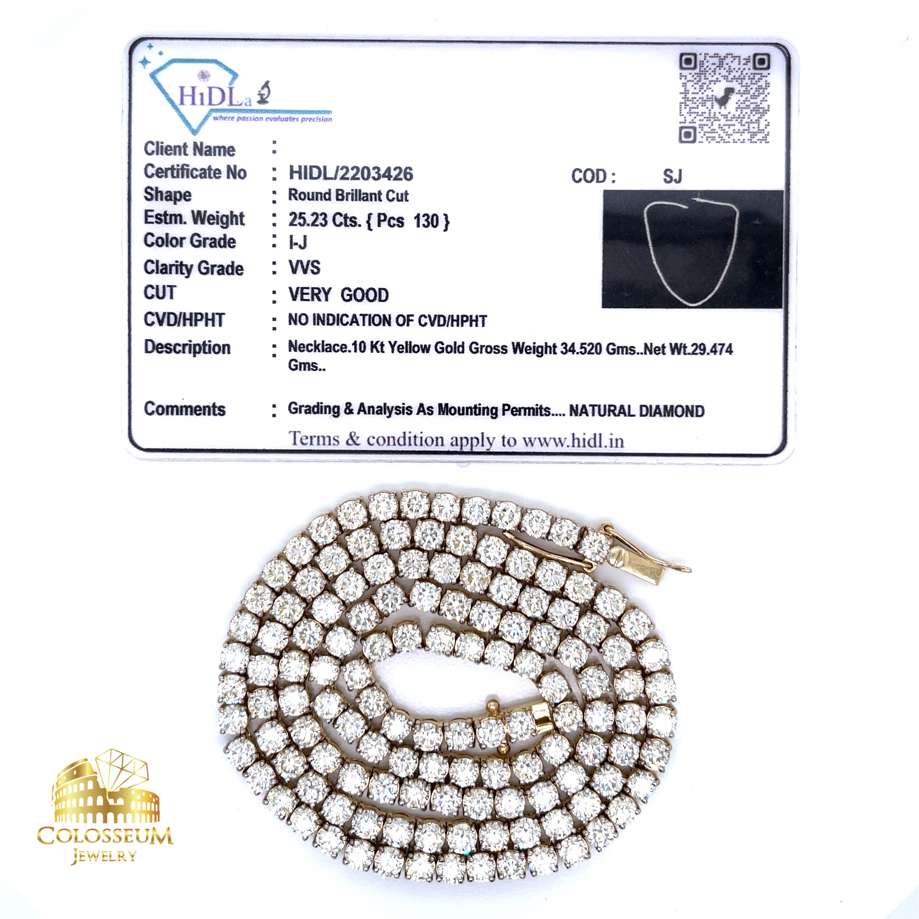 Diamond Tennis Chain / 10K Yellow Gold / 25.23 CTW VVS Diamonds