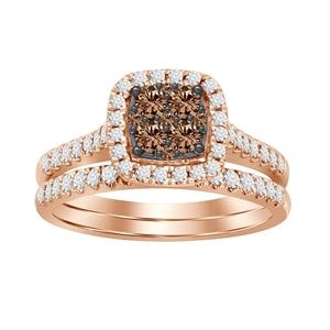 LADIES BRIDAL RING SET 3/4 CT WHITE/CHOCOLATE ROUND DIAMOND 14K ROSE GOLD