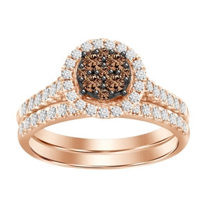 LADIES BRIDAL RING SET 3/4 CT WHITE/CHOCOLATE ROUND DIAMOND 14K ROSE GOLD