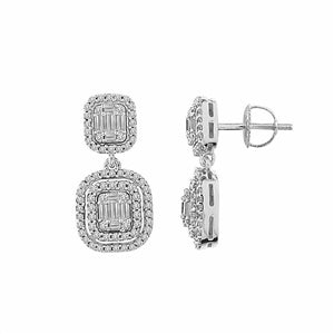 LADIES EARRING 1 CT ROUND/BAGUETTE DIAMOND 14K WHITE GOLD