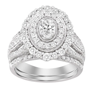 LADIES BRIDAL RING SET 2 CT ROUND/OVAL DIAMOND 14K WHITE GOLD