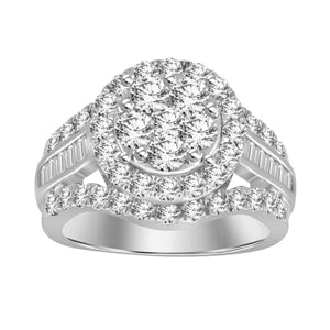 LADIES RING 2 CT ROUND/BAGUETTE DIAMOND 10K WHITE GOLD