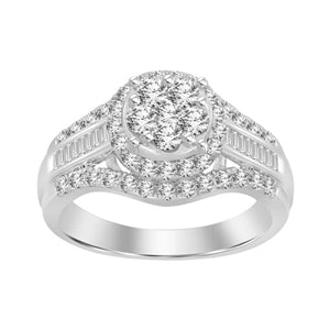 LADIES RING 1 CT ROUND/BAGUETTE DIAMOND 10K WHITE GOLD