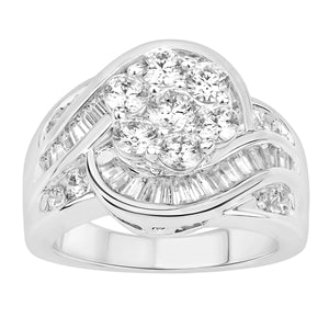 LADIES RING 2 CT ROUND/BAGUETTE DIAMOND 10K WHITE GOLD