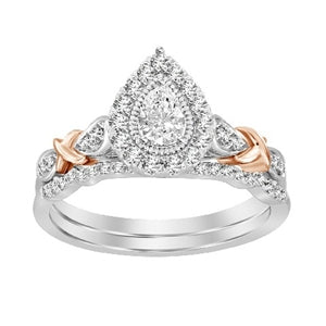 LADIES BRIDAL RING SET 1/2 CT ROUND/PEAR DIAMOND 14K TT WHITE & ROSE GOLD