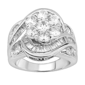 LADIES RING 3 CT ROUND/BAGUETTE DIAMOND 10K WHITE GOLD