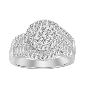 LADIES RING 1 CT ROUND/BAGUETTE DIAMOND 10K WHITE GOLD