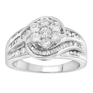 LADIES RING 1 CT ROUND/BAGUETTE DIAMOND 10K WHITE GOLD