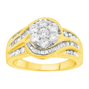 LADIES RING 1 CT ROUND/BAGUETTE DIAMOND 10K YELLOW GOLD