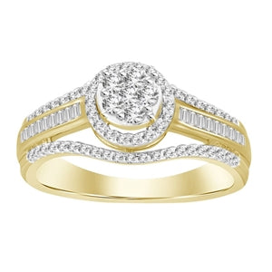 LADIES RING 1/2 CT ROUND/BAGUETTE DIAMOND 10K YELLOW GOLD