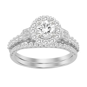 LADIES BRIDAL RING SET 1 CT ROUND/BAGUETTE DIAMOND 14K WHITE GOLD