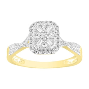 LADIES ENGAGEMENT RING 1/4 CT ROUND/BAGUETTE DIAMOND 10K YELLOW GOLD