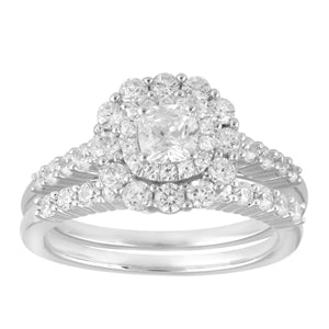 LADIES BRIDAL RING SET 1 1/4 CT ROUND/CUSHION DIAMOND 14K WHITE GOLD