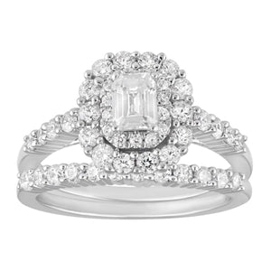 LADIES BRIDAL RING SET 1 1/4 CT ROUND/EMERALD DIAMOND 14K WHITE GOLD