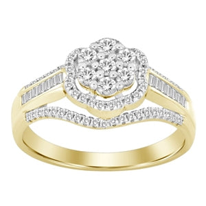 LADIES RING 1/2 CT ROUND/BAGUETTE DIAMOND 10K YELLOW GOLD