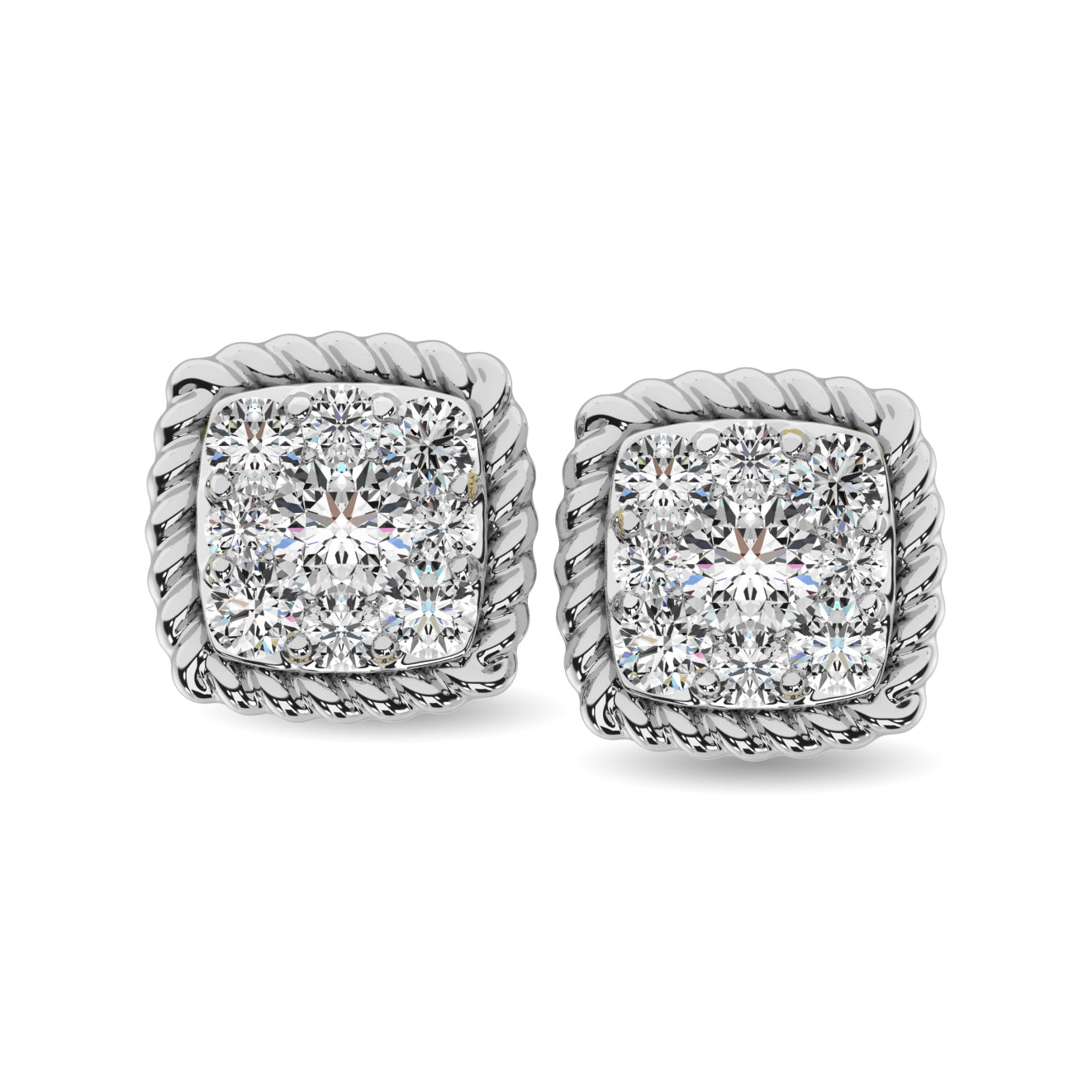 14K White Gold 1/5 Ctw Diamond Square Flower Stud Earrings