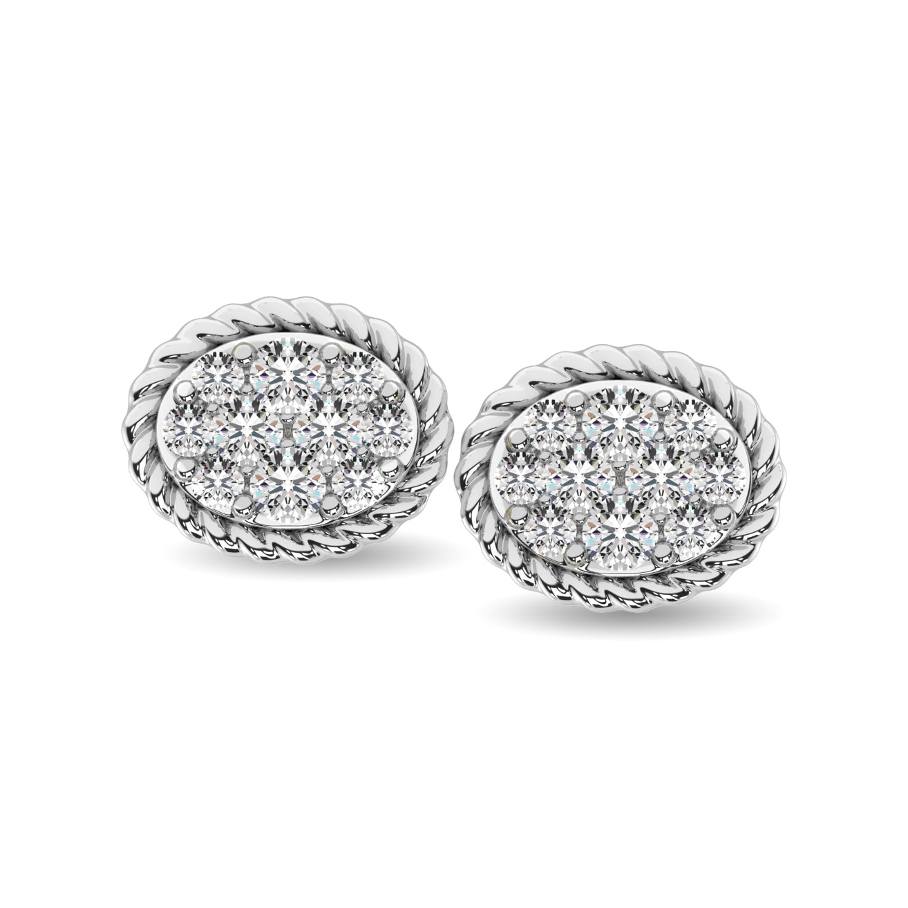 14K White Gold 1/5 Ctw Diamond Oval Flower Stud Earrings