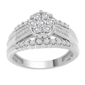 LADIES RING 3 CT ROUND/BAGUETTE DIAMOND 10K WHITE GOLD