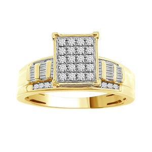 LADIES RING 1/2 CT ROUND/BAGUETTE DIAMOND 10K YELLOW GOLD