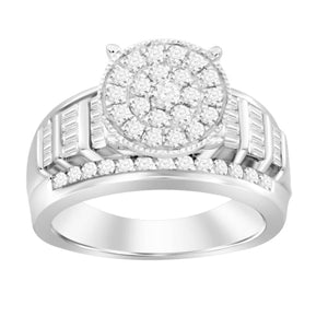 LADIES RING 1 CT ROUND/BAGUETTE DIAMOND 10K WHITE GOLD