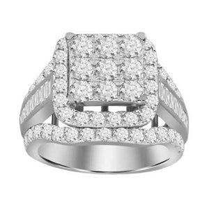 LADIES RING 3 CT ROUND/BAGUETTE DIAMOND 10K WHITE GOLD